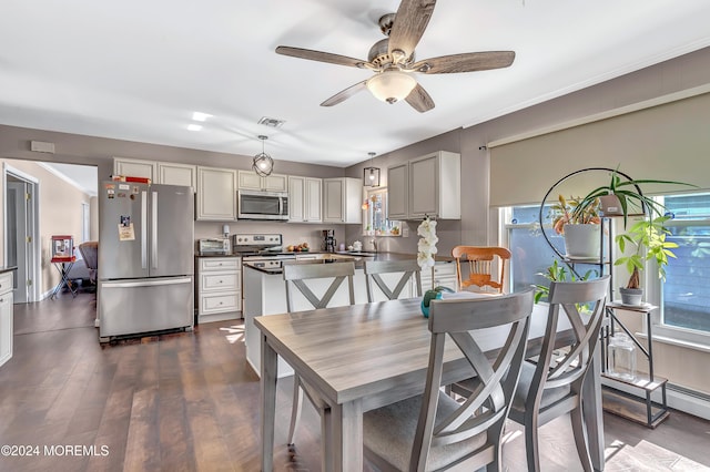 dining area with sink, dark wood-type flooring, and ceiling fan