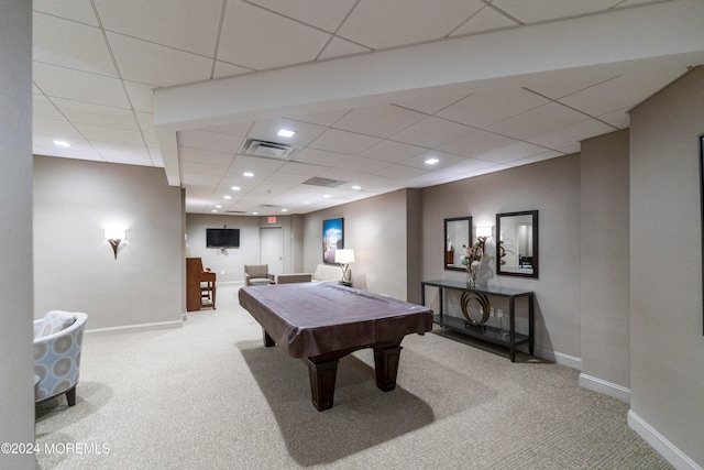 game room featuring carpet flooring, billiards, and a paneled ceiling