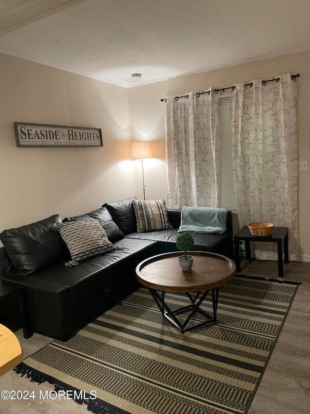 living room with ornamental molding and wood-type flooring