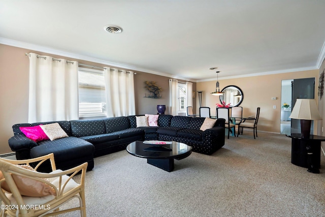 carpeted living room featuring crown molding