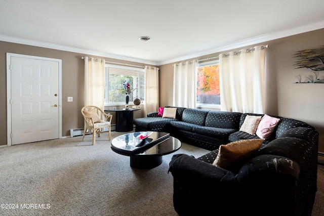 living room with crown molding and carpet flooring