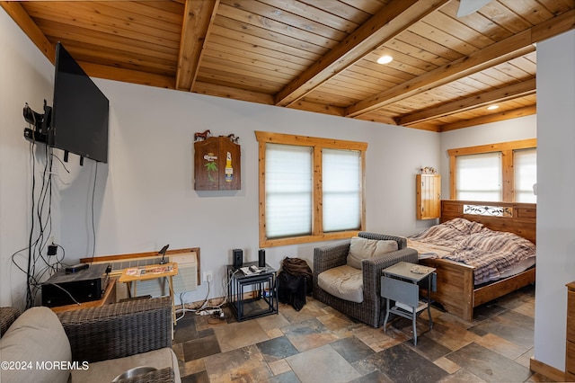 bedroom featuring beam ceiling and wood ceiling