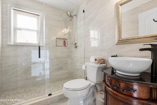 bathroom with tile walls, vanity, toilet, and an enclosed shower