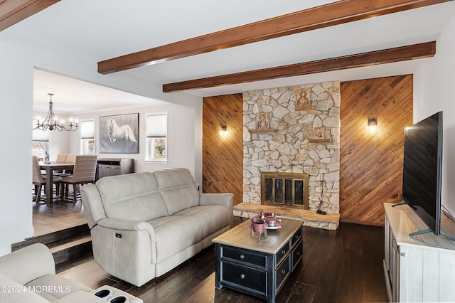 living room with beam ceiling, dark wood-type flooring, and wood walls