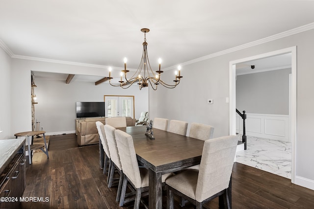 dining space with crown molding, beamed ceiling, and dark wood-type flooring