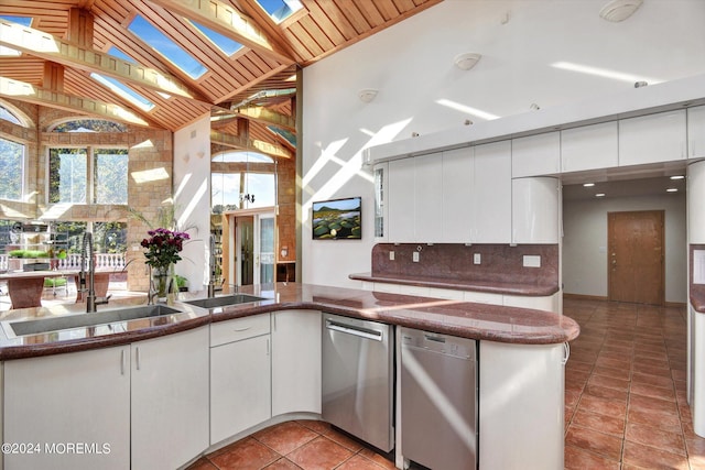 kitchen featuring sink, dishwasher, white cabinets, lofted ceiling with skylight, and decorative backsplash