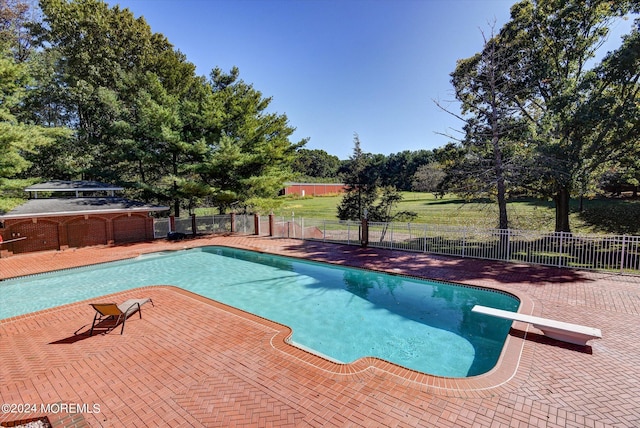 view of swimming pool with a patio area and a diving board