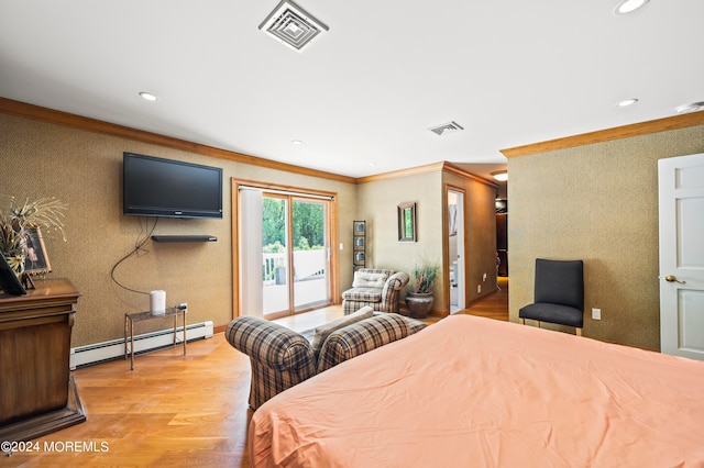 bedroom featuring a baseboard radiator, crown molding, access to exterior, and light wood-type flooring