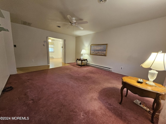living area with visible vents, ceiling fan, carpet flooring, and a baseboard radiator