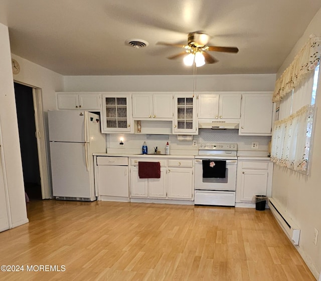 kitchen with baseboard heating, light hardwood / wood-style flooring, white cabinetry, and white appliances