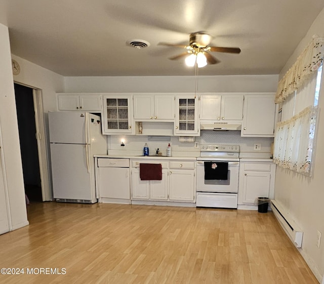 kitchen featuring white appliances, a baseboard radiator, under cabinet range hood, ceiling fan, and light wood-type flooring