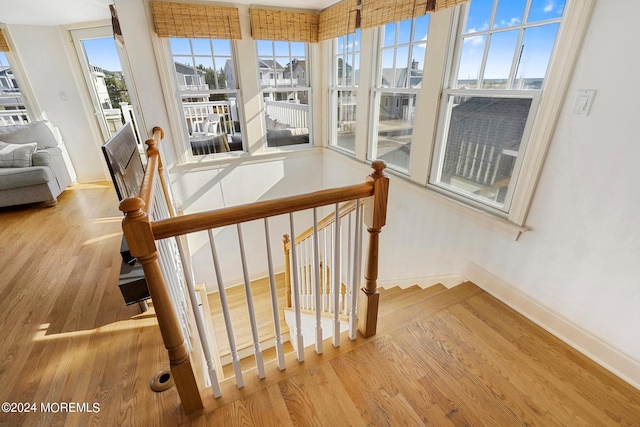 stairs featuring hardwood / wood-style floors