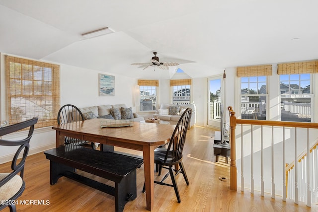 dining space featuring light hardwood / wood-style floors, a wealth of natural light, and ceiling fan