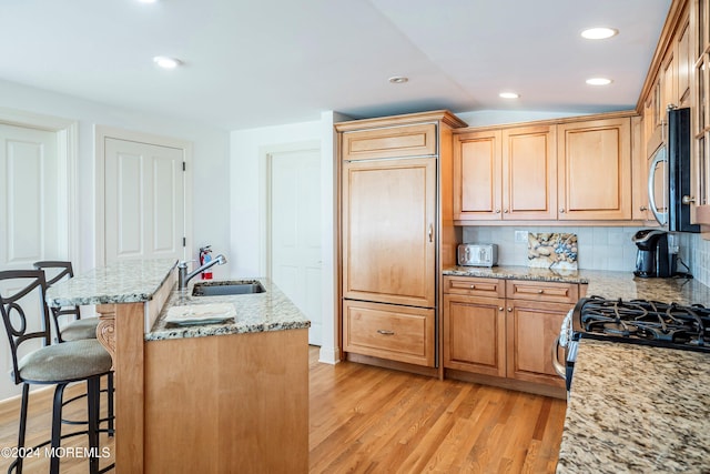 kitchen featuring an island with sink, stainless steel appliances, light wood-type flooring, light stone counters, and tasteful backsplash