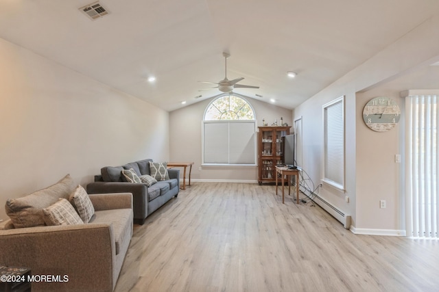 living room with baseboard heating, lofted ceiling, light hardwood / wood-style floors, and ceiling fan