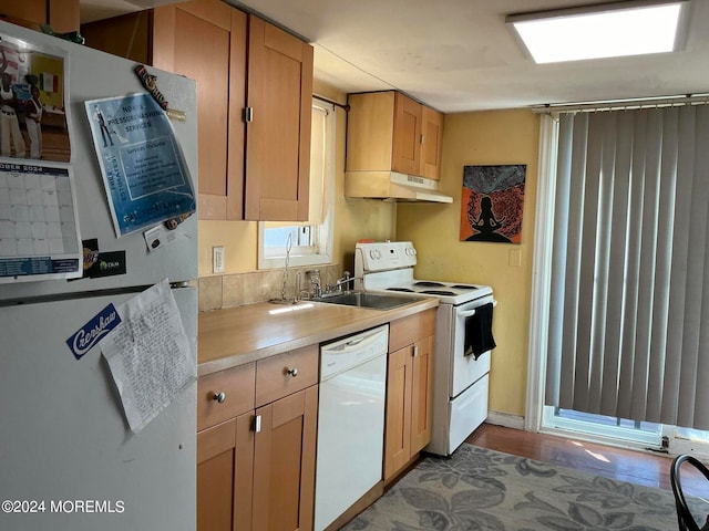 kitchen featuring white appliances, light hardwood / wood-style floors, sink, and backsplash