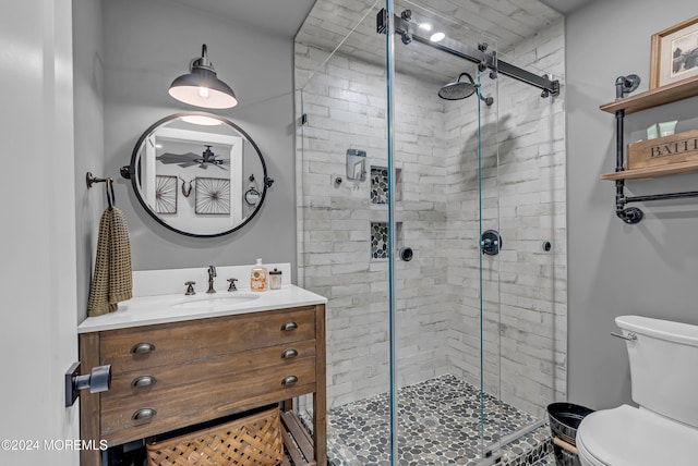 bathroom featuring an enclosed shower, vanity, and toilet