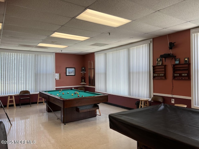 recreation room featuring a drop ceiling and pool table