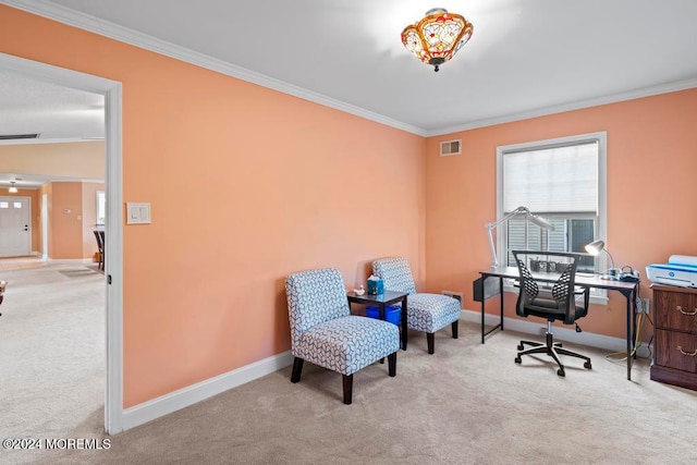 carpeted office space featuring crown molding