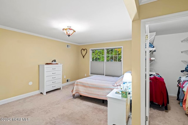 bedroom featuring light carpet and crown molding