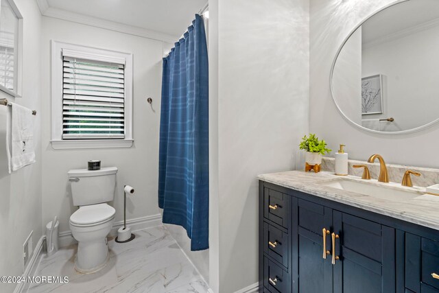 bathroom featuring vanity, toilet, and ornamental molding