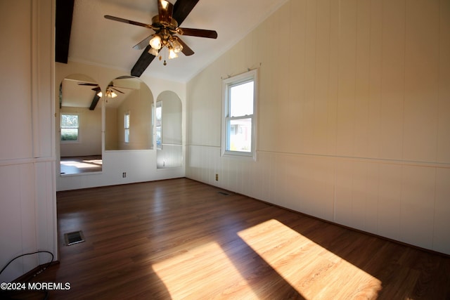 empty room featuring vaulted ceiling, dark hardwood / wood-style floors, and plenty of natural light