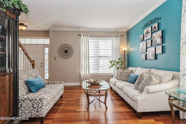 living room with ornamental molding and hardwood / wood-style flooring