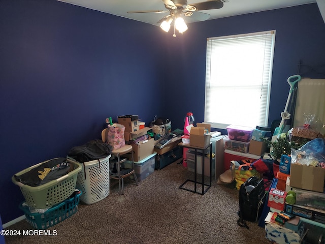 rec room featuring a wealth of natural light, carpet, and ceiling fan