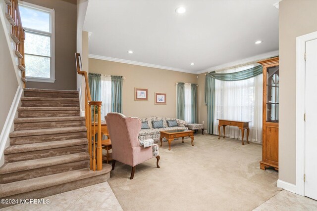 24 Clearwater Dr, Allentown, NJ 08501 - carpeted living room featuring ornamental molding, stairs, recessed lighting, and baseboards