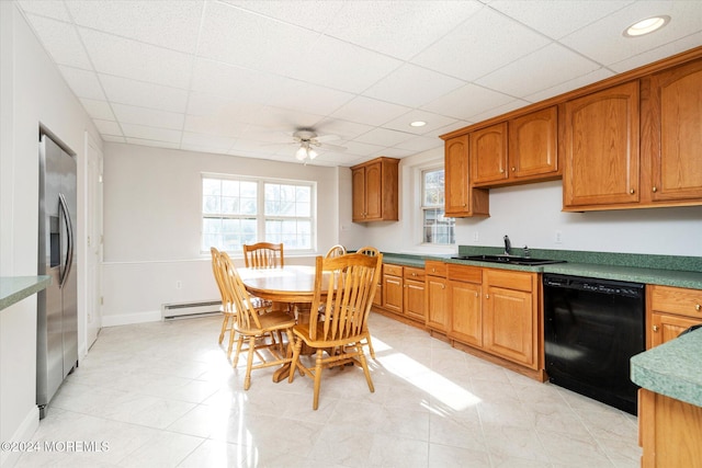 kitchen with a paneled ceiling, sink, a baseboard radiator, dishwasher, and ceiling fan