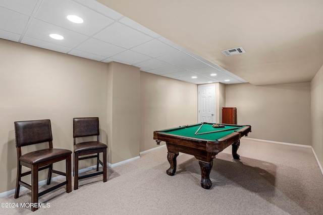 rec room featuring light carpet, a paneled ceiling, and billiards