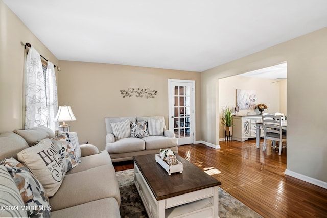 living room with dark hardwood / wood-style flooring