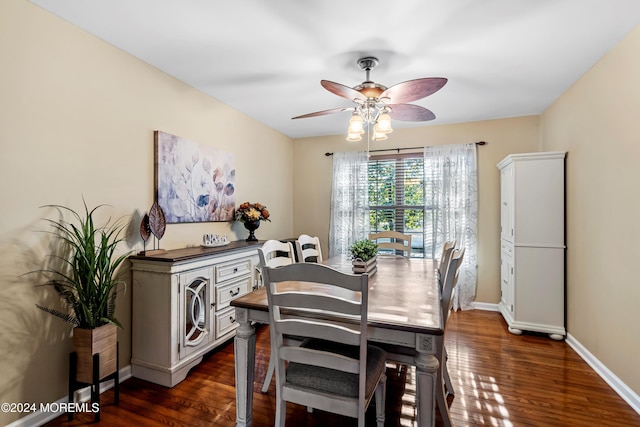 dining area featuring ceiling fan and dark wood-type flooring