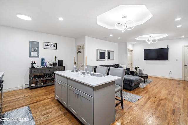 kitchen featuring light hardwood / wood-style floors, a breakfast bar area, an island with sink, and gray cabinets