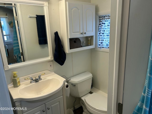 bathroom with walk in shower, vanity, and toilet