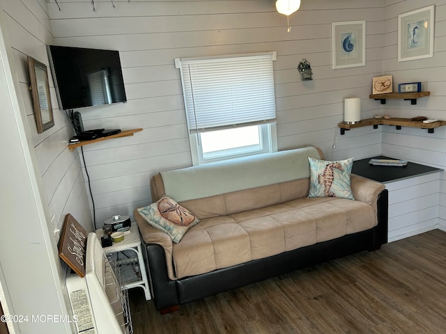 living room with wooden walls and dark hardwood / wood-style flooring