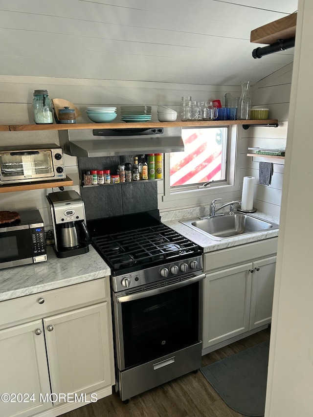 kitchen with white cabinetry, sink, stainless steel appliances, dark hardwood / wood-style flooring, and backsplash