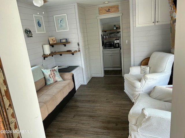 living room with wood walls and dark wood-type flooring