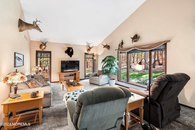 carpeted living room featuring lofted ceiling