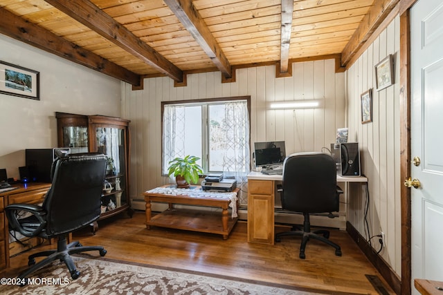 office area with beamed ceiling, wooden walls, wooden ceiling, and dark wood-type flooring