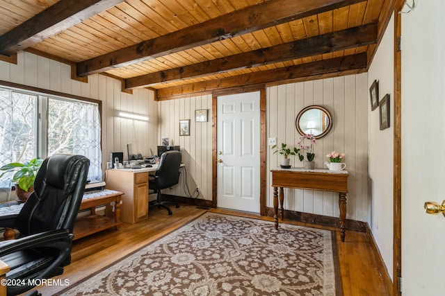 office space with beam ceiling, wooden walls, hardwood / wood-style floors, and wood ceiling