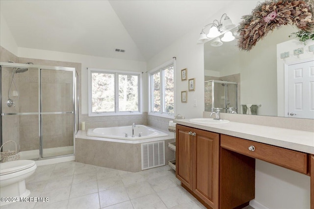 full bathroom with tile patterned flooring, vanity, lofted ceiling, toilet, and separate shower and tub