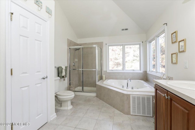 full bathroom with vanity, tile patterned floors, toilet, and vaulted ceiling