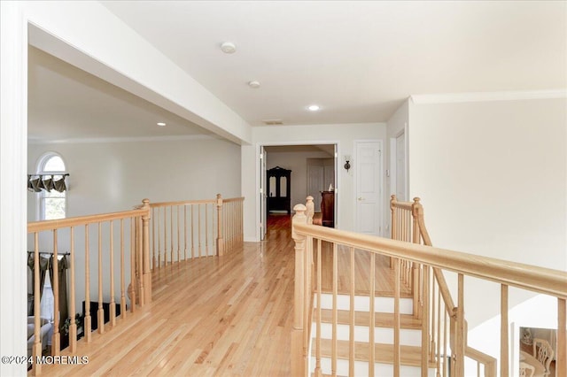 hallway with wood-type flooring and ornamental molding