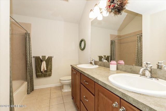 full bathroom with lofted ceiling, shower / bath combo with shower curtain, toilet, tile patterned flooring, and vanity