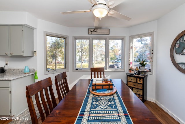 dining space featuring dark wood-type flooring and ceiling fan