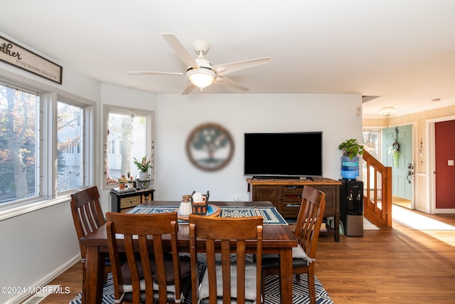 dining area featuring ceiling fan and hardwood / wood-style flooring