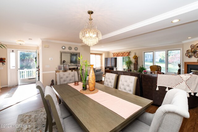 dining space with ornamental molding, a chandelier, and dark hardwood / wood-style floors