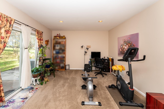 workout area with light colored carpet