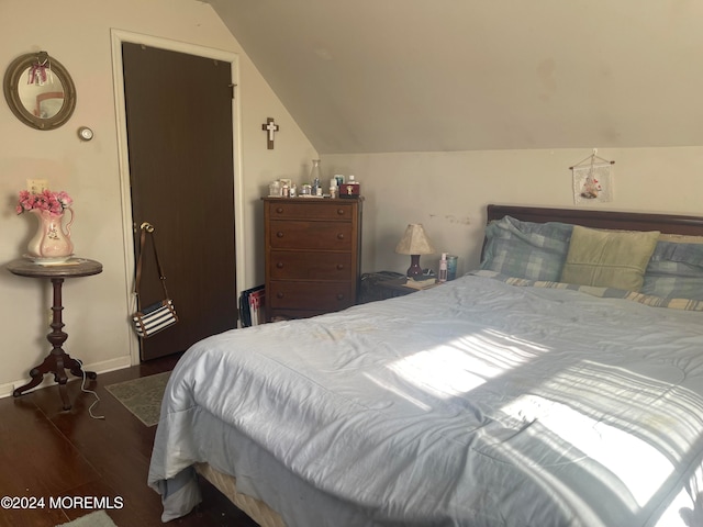 bedroom featuring lofted ceiling and dark wood-type flooring